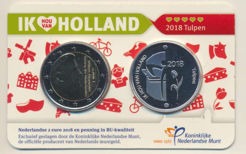 Nederland 2 Euro 2018 Ik hou van Holland tulpen in coincard met zilveren penning