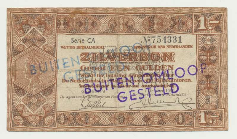 Nederland 1 Gulden 1938 Zilverbon Buiten omloop gesteld
