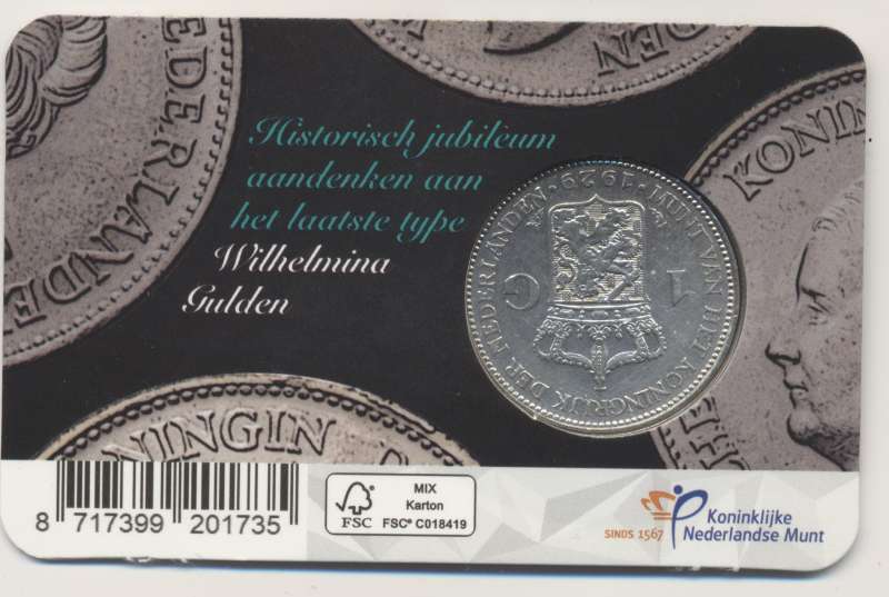 Nederland 100 jaar laatste type Wilhelmina-gulden 1929 in coincard - Image 2