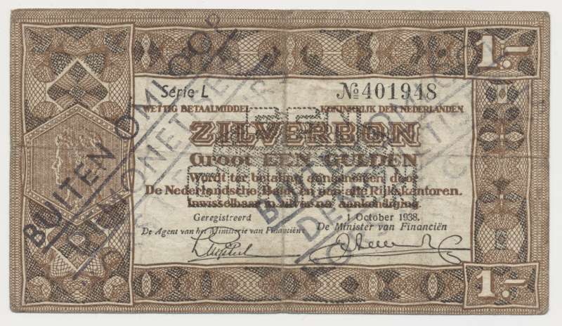 Nederland 1 Gulden 1938 Zilverbon 1 letter Buiten omloop