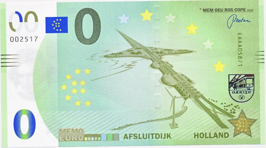 Nederland 0-Euro biljet Afsluitdijk 2019