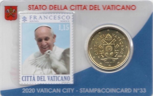 Vaticaan 50 Eurocent met Postzegel 2020 in Coincard Nr 33