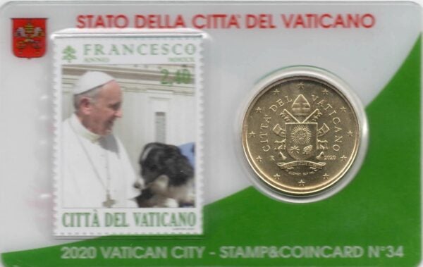 Vaticaan 50 Eurocent met Postzegel 2020 in Coincard Nr 34