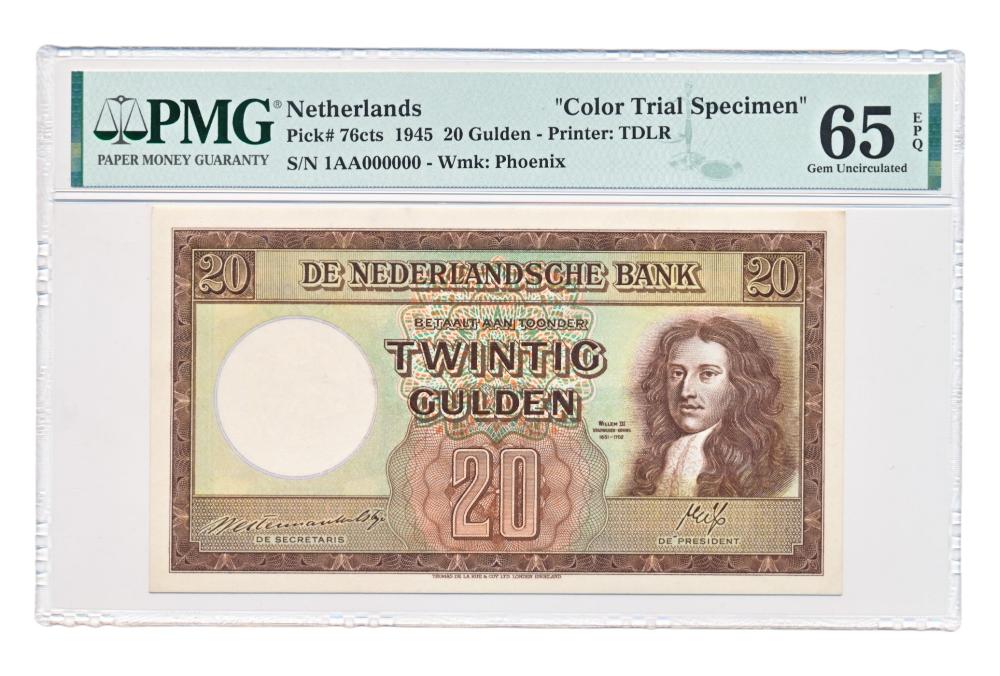 Nederland 20 Gulden 1945 Stadshouder Willem III (kleuren) Specimen PMG65 EPQ