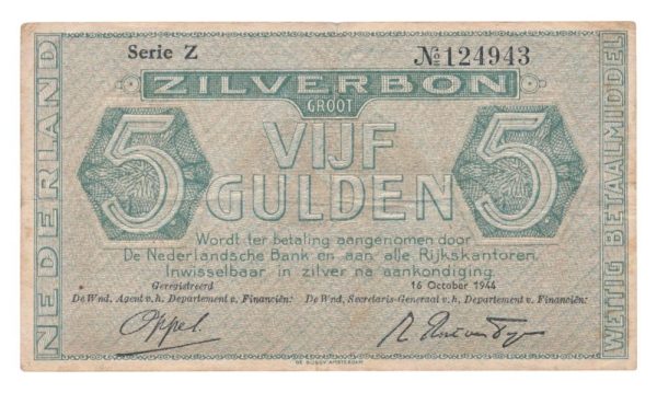 Nederland 5 Gulden 1944 Zilverbon Serie Z