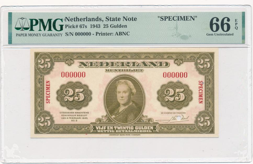 Nederland muntbiljet 25 gulden Wilhelmina 1943 'SPECIMEN' PMG 66 EPQ
