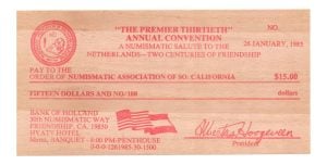 Californië 'The Premier Thirtieth' Annual Convention 15 Dollars Cheque 1985