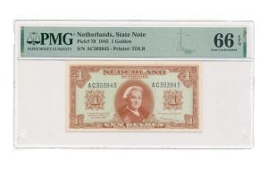 Nederland 1 Gulden 1945 Wilhelmina PMG66 EPQ (2 letters 6 cijfers)